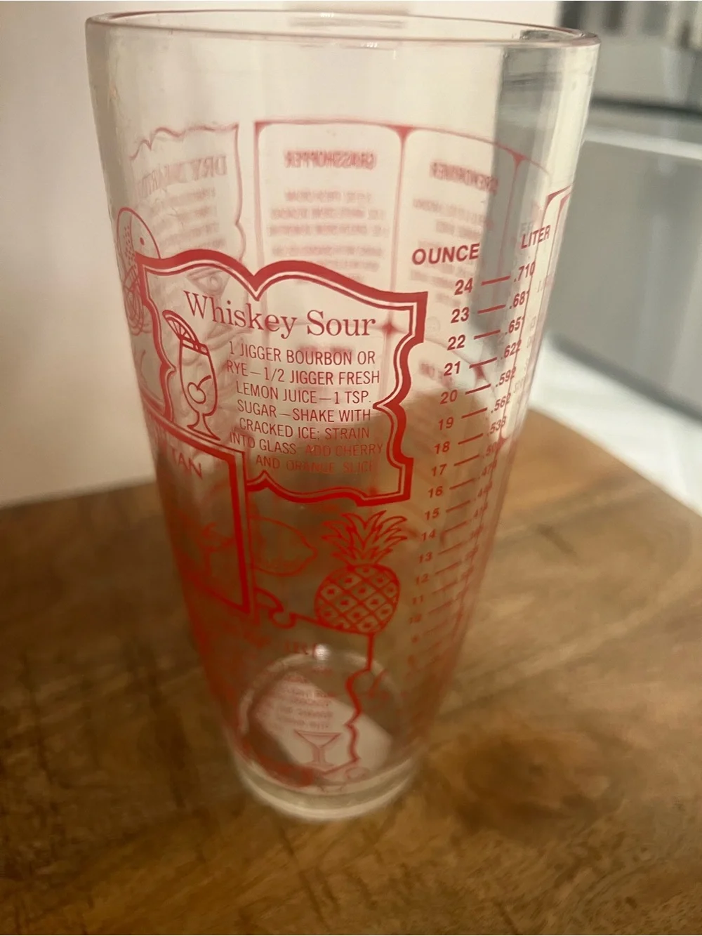 VTG MCM Irvinware USA Glass Cocktail Shaker Recipes Red Print 24oz